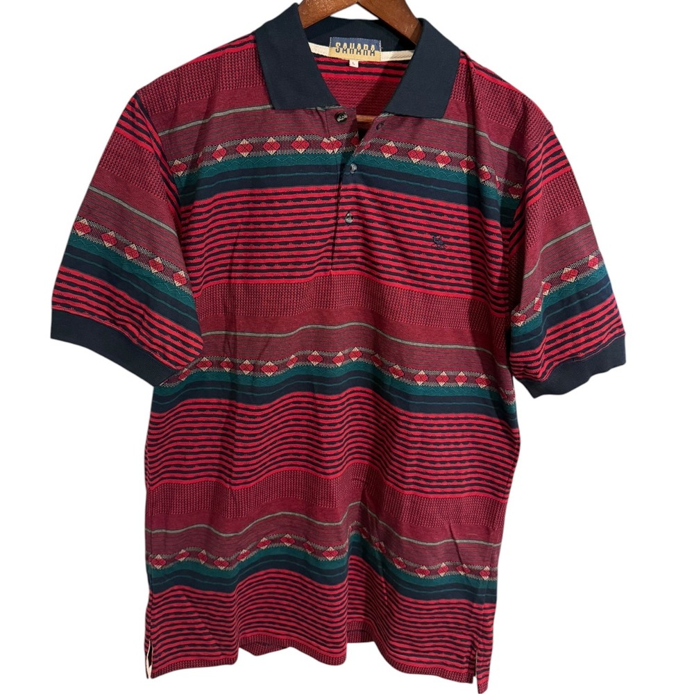 VTG Sahara Mens Vintage Geometric Striped Knit Polo Shirt Large Aztec Dadcore